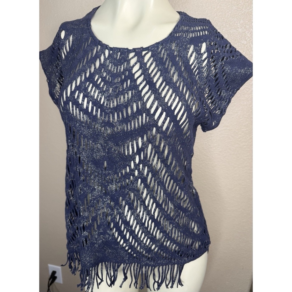 Chico's Blue Crochet Knit Fringe Top Size 2 Boho Festival Beach Sweater